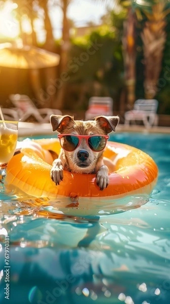 Fototapeta A dog in sunglasses lounges in a pool on an inflatable ring with cocktails, exuding contentment and humor