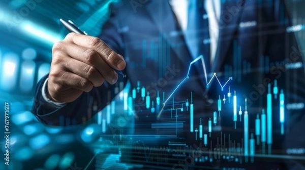 Fototapeta Businessman draw growth graph analysing stock market profit on global business investment. Banking,