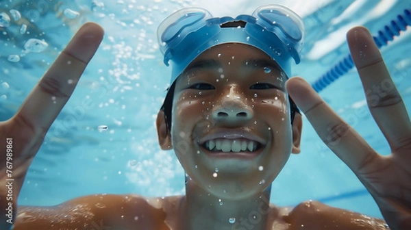 Obraz プールで水中に潜りこちらに向かってピースサインをしている日本人小学生