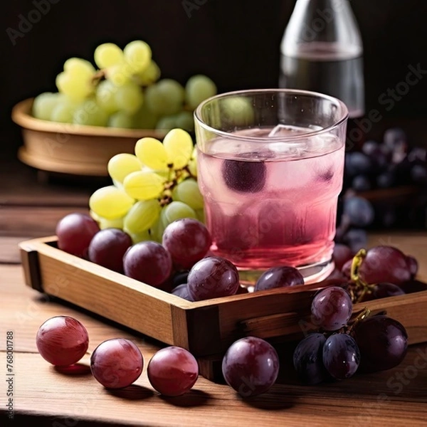 Fototapeta Iced Bayberry Lemon Juice, ice cube, grape wine, grapes IN WOODEN TRAY