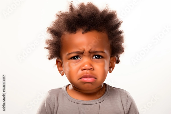 Fototapeta Portrait of an African American baby crying in anguish looking at camera. Studio shot. Generative AI