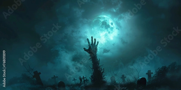 Fototapeta halloween background, Hand of the zombie coming out from ground on  full moon night sky with fog and tombstones background, scarry night horror, banner