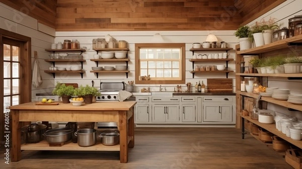Fototapeta Picture-perfect rustic farmhouse kitchen with shiplap walls extending to the vaulted wood ceiling