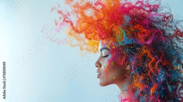 Fototapeta A side profile of a woman with a vibrant explosion of colorful powder in her curly hair, suggestive of dynamic creativity