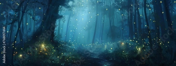 Fototapeta Fireflies creating constellations in a dark, serene forest.