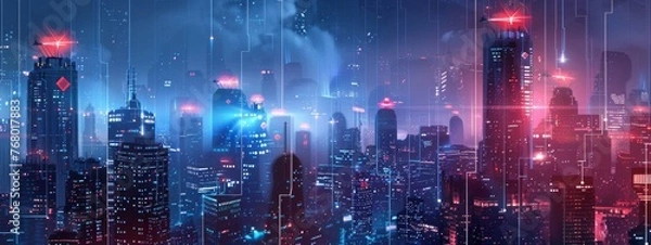 Fototapeta Futuristic cityscape with digital shields overlay, representing societal commitment to cybersecurity behavior