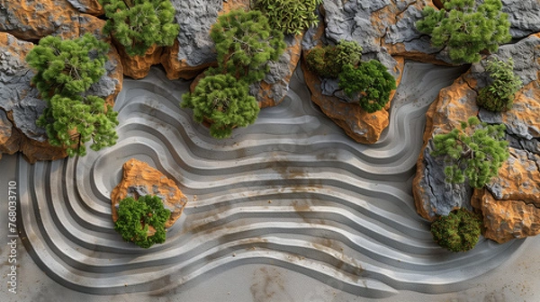 Obraz Bonsai Garden with Cascading Rocks