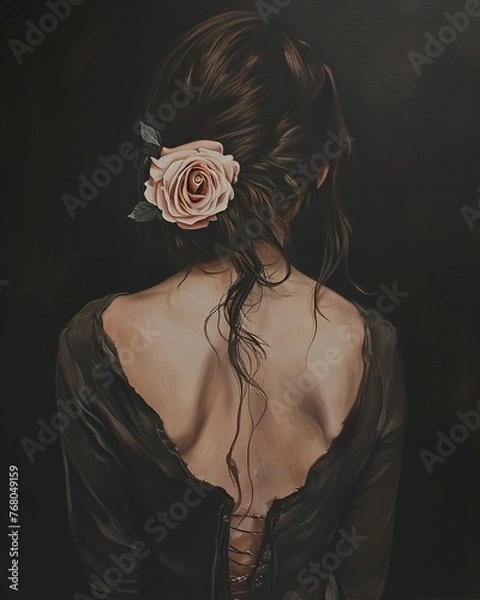 Fototapeta Generative ai portrait of a back of a woman with a rose in her hair