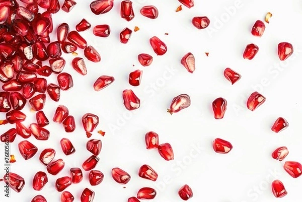 Fototapeta scattered pomegranate seeds against a white background