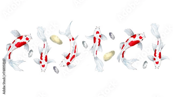 Obraz Border watercolor koi fish, pebbles. Watercolor illustration for your design.