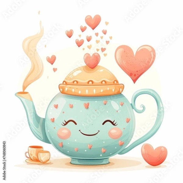 Fototapeta A cartoon teapot with a smiling face and a heart on top