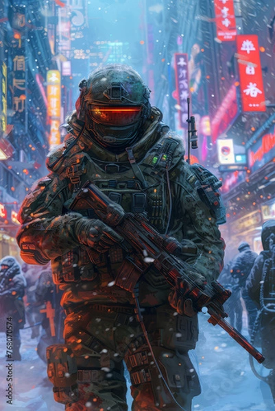 Fototapeta 3D Rendering of cyberpunk solidier with heavy armor and weapons. AI Generative. 