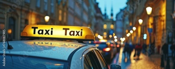 Fototapeta Amidst the bustling city streets, a bright yellow taxi flashes its illuminated sign atop its sleek car, beckoning passengers to embark on a journey through the urban landscape.