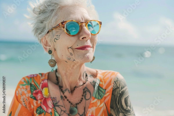 Fototapeta Generative AI portrait of mature person enjoying summer vacation on tropical beach