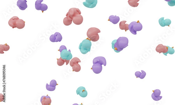 Obraz Many colored rubber ducks falling isolated on white background. 3d rendering     