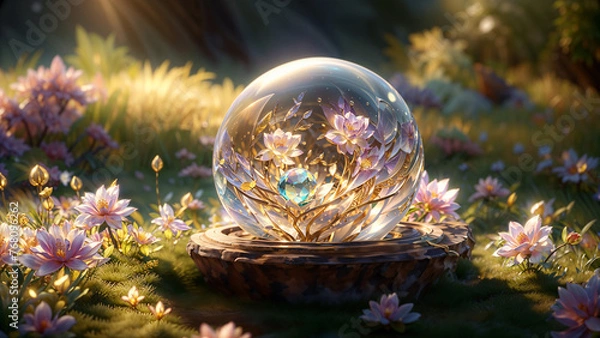 Fototapeta A crystal ball with beautiful flowers on a wooden stand is in a forest glade.  The fairy flowers are inside the ball and around it.