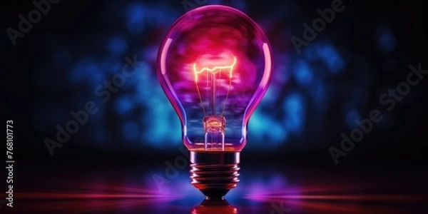 Obraz Glowing neon light bulb. Conceptual design. Pink, purple and blue color scheme. Generative AI
