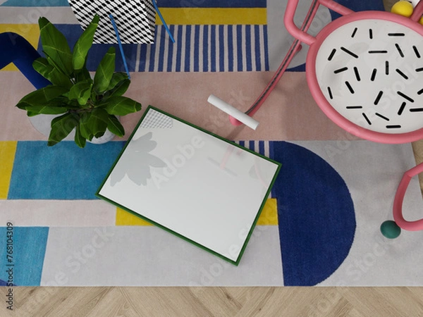 Fototapeta frame on floor mockup in Memphis design living room. empty poster up view, retro design mock up. 3D illustration