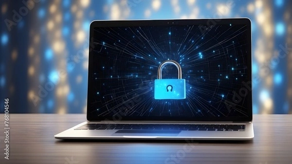 Fototapeta laptop with virtual padlock, privacy protection, network security, and data privacy concepts.