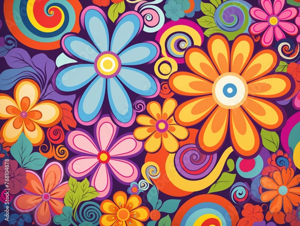 Fototapeta Ai Generated Art Abstract Colorful Floral 60s Pattern Of Flowers