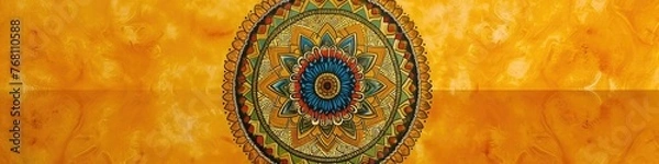 Fototapeta a hypnotic mandala against a mustard yellow background, highlighting the delicate patterns and vibrant colors in breathtaking high-definition.