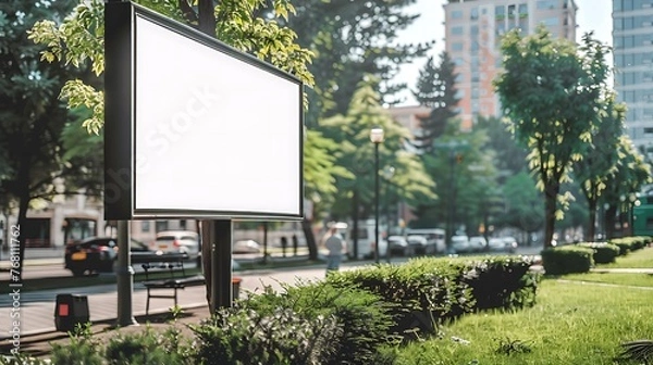 Fototapeta A blank billboard stands in a park. There are trees, bushes, and a park bench in the background.