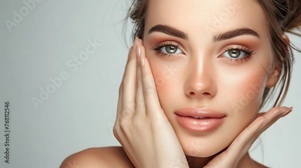 Fototapeta Close-up portrait of a beautiful young woman with perfect skin and natural makeup. She is smiling and looking at the camera.