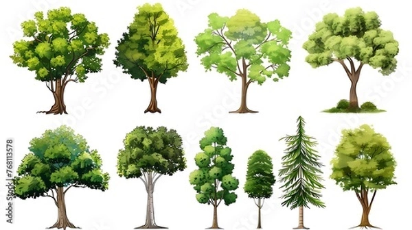 Fototapeta A set of ten detailed vector tree illustrations. The trees are of various types, including deciduous, coniferous, and evergreen.