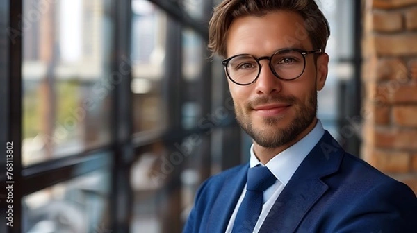 Fototapeta Confident and successful young professional wearing glasses and a suit, standing in a modern office space.