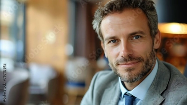 Fototapeta A handsome young professional in a suit and tie smiles confidently at the camera. He has short dark hair and blue eyes, and is clean-shaven.