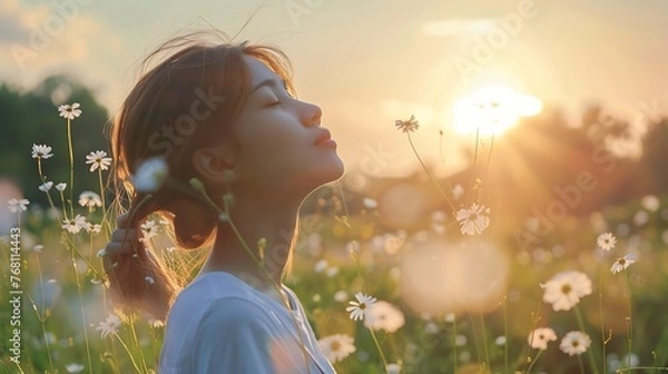 Fototapeta Thoughtful young woman enjoying the beauty of nature in a chamomile field at sunset.