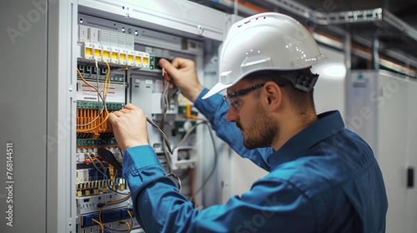 Fototapeta A skilled electrician in workwear is repairing and testing a complex electrical switchboard with various colored cables.