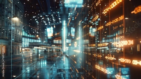 Fototapeta Analysis on glass followed by stock trading charts and numbers. Business background.