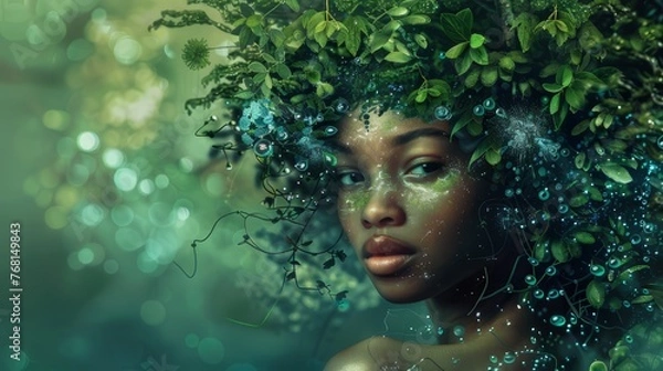 Fototapeta An African American woman who dresses up beautifully with the theme of saving the earth. make-up work with the theme of Mother Earth.