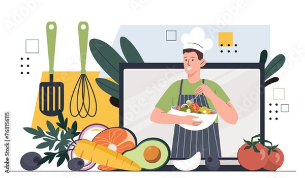 Fototapeta Home cooking online. Cook with mixer and salad from vegetables. Internet lesson and tutorial. Process of healthy food preparation. Cartoon flat vector illustration isolated on white background