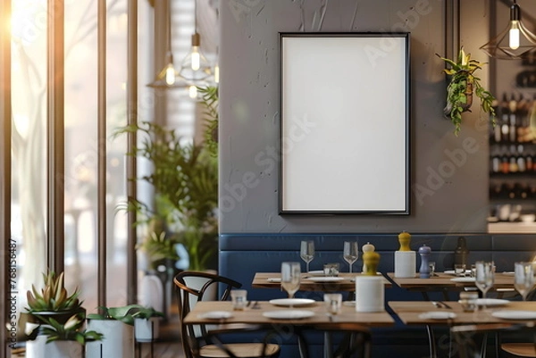 Fototapeta A blank framed canvas hanging on a wall in a restaurant