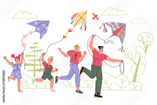 Fototapeta Family time with fun kite flying activities.Summer family leisure activity for children and adults, flat vector illustration isolated on white background.
