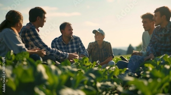 Obraz Group Sitting on Lush Green Field