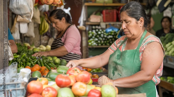 Fototapeta At a bustling vegetable stand, two women work side by side, one of them sporting a green apron as she assists customers with their selections.