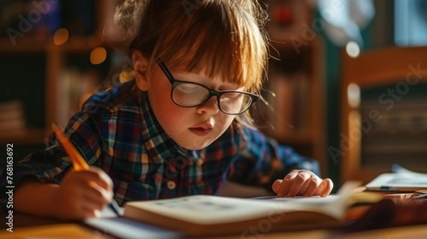 Fototapeta A little girl with Down syndrome wearing glasses sits at a table and writes in a book with a pencil. There is a bookshelf in the background of the room.