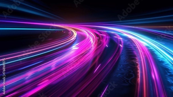 Fototapeta Vector artwork illustrating dynamic light motion and high-speed effects, capturing traffic motion and cyberpunk neon elements.