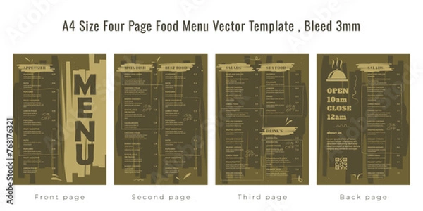 Fototapeta Restaurant cafe menu, template design, A4 size four page food menu template, Bleed 3mm
