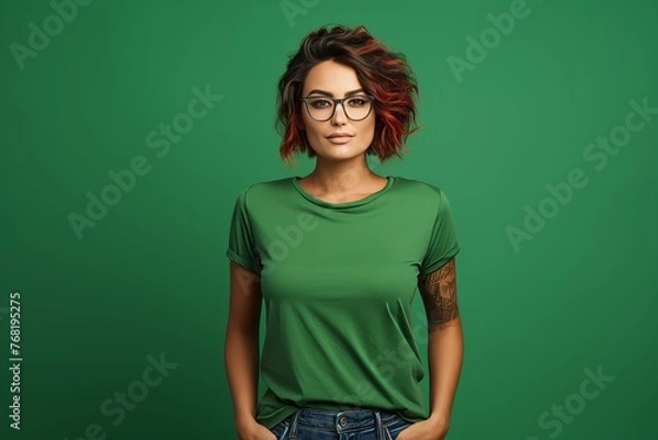 Obraz Beautiful attractive smiling woman wearing a green t-shirt on a green background, she is wearing glasses, look in camera, portrait shot, studio background