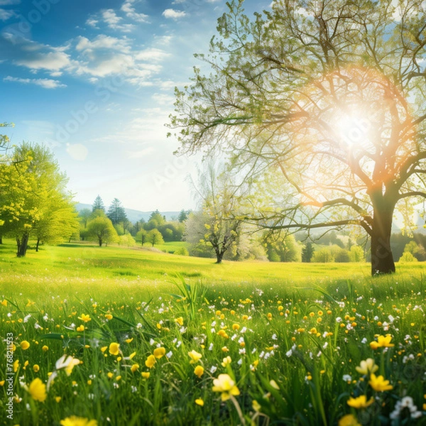 Fototapeta Sunny spring day in a lush meadow filled with blooming wildflowers, towering trees, and rolling hills in the distance.