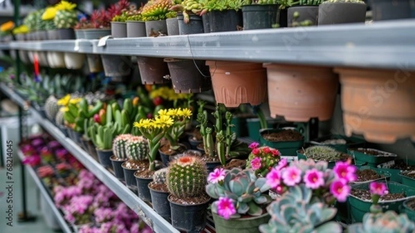 Fototapeta colorful flower seedlings and cacti nestled in pots, flourishing on shelves within a modern plantations warehouse, the bustling atmosphere of a garden center or home gardening shop interior.
