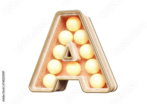 Fototapeta Marquee font 3D letter A made of wood with warm light bulbs. High quality 3D rendering.