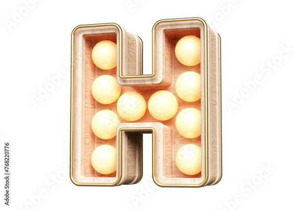 Fototapeta Alphabet marquee font made of wood. Eye-catching letter H with soft yellow light bulbs design. High quality 3D rendering.