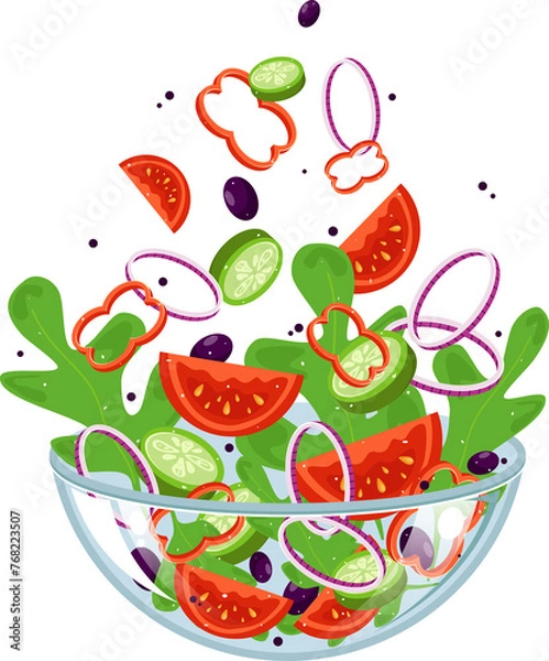 Fototapeta Set of Various chopped fresh vegetables falling into a transparent glass bowl on a transparent background.