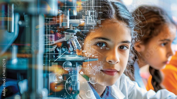 Fototapeta STEM education background of a young student attending a science lesson in a lab