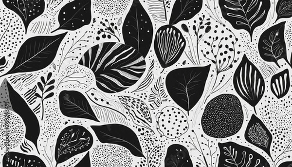 Fototapeta Abstract organic shape art seamless pattern with freehand doodles. Contemporary flat cartoon background, simple nature shapes in black and white. 